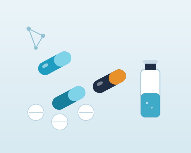 Cancer medicines: tablets, capsules and a biologic vial